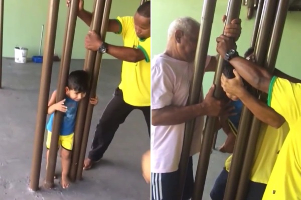 兒子頭被卡住了，困惑爸爸無辦法